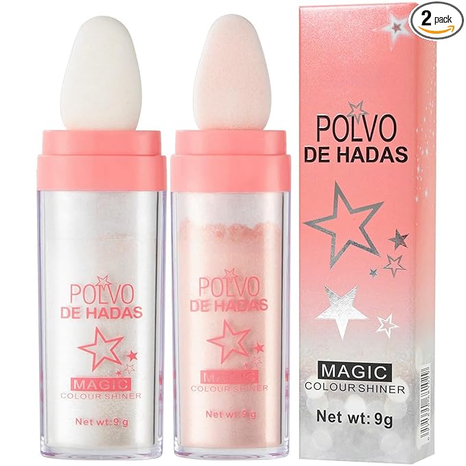 2PCS Polvo De Hadas Fairy Dust Highlight Patting Powder - Full Body Contouring and Clavicle Pearlescent Patting Powder for Face and Eye, Christmas Sparkling Body Glitter (#01 White & #02 Pink)