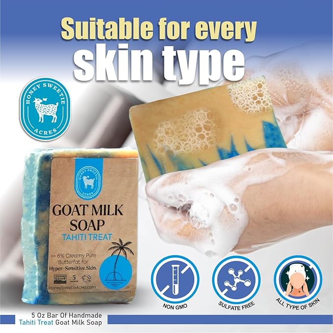 Honey Sweetie Acres Tahiti Treat Goat Milk Soap - Handmade 5 oz Bar, Made with Natural Ingredients, Moisturizing & Gentle, Made in the USA