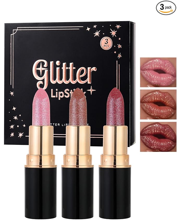 Metallic Glitter Lipstick Set Long Lasting,3 Pcs Diamond Shimmer Lip Gloss Pink Brown Red Rose Red Matte Lip Stick for Women,Sparkling Shiny Transfer Proof Non Stick Tinted Lip Balm Color Makeup-Set A