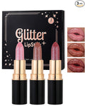 Metallic Glitter Lipstick Set Long Lasting,3 Pcs Diamond Shimmer Lip Gloss Pink Brown Red Rose Red Matte Lip Stick for Women,Sparkling Shiny Transfer Proof Non Stick Tinted Lip Balm Color Makeup-Set A