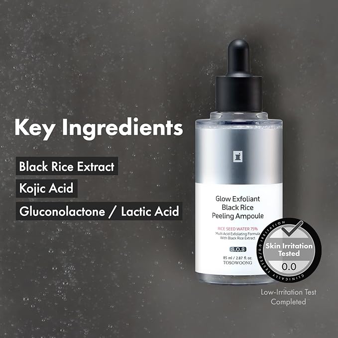 TOSOWOONG Black Rice Peeling Ampoule, 75% Black Rice Exfoliant, Dead Skin Remover, Face Body Scrub, Blackheads Pore Cleaner, Kojic Acid, Arbutin for discoloration, Korean Skincare, 85ml / 2.87 fl. oz.