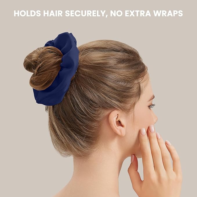 Silk Hair Scrunchies for Women, 100% Mulberry Silk Hair Ties, No Damage for Curly Hair, Large Scrunchie for Sleep, 1-Pack, Dark Navy Blue, L