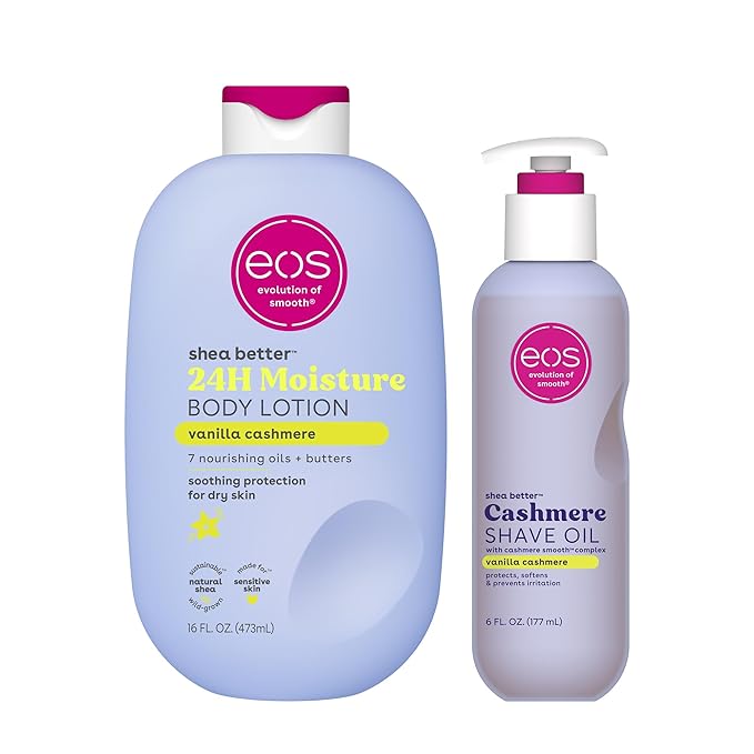 Bundle of eos Shea Better Body Lotion + Cashmere Shave Oil, Vanilla Cashmere, 24-Hour Moisture Skin Care, Lightweight & Non-Greasy, Natural Shea, Vegan, Soothing Moisturizing