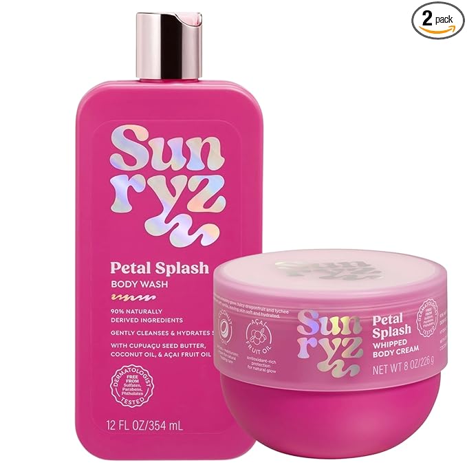 PDC Brands Sunryz Limited Edition Summer Scented Body Wash and Whipped Body Cream Duo, Petal Splash, 12 FL OZ Body Wash, 8 OZ Body Cream, 2 Piece Set