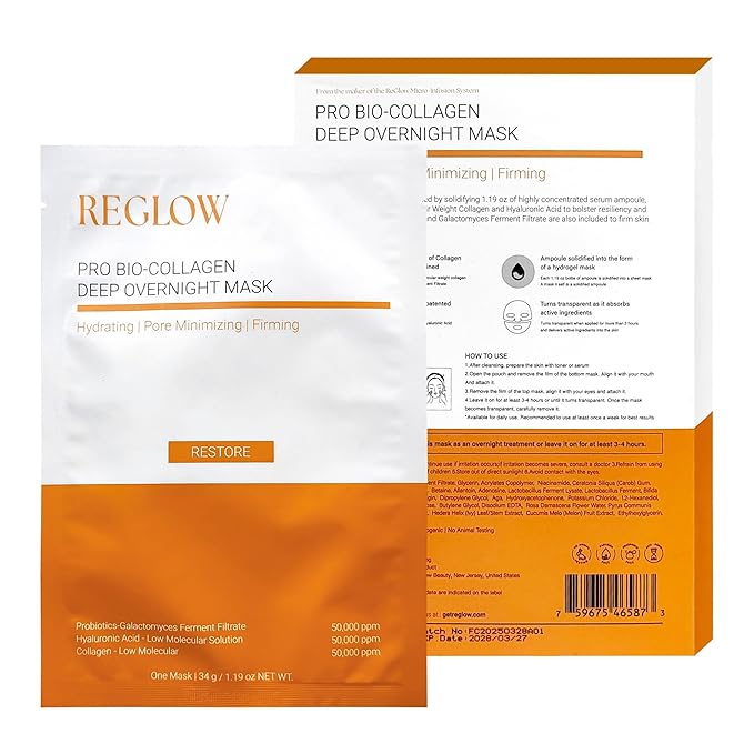 ReGlow RESTORE PRO Bio Collagen Real Deep Mask - Hydrogel Overnight Korean Face Mask for Glass Skin - Pore Minimizing & Elasticity - Collagen Sleeping Face Mask - Mothers Day Gift - 6 Pack