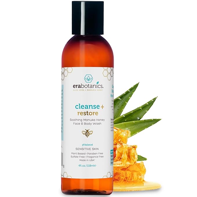 Era Organics Manuka Honey Face Wash for Sensitive Skin - Sulfate Free Gentle Cleanser with Organic Aloe Vera, Hyaluronic Acid & More - Soothing & Moisturizing for Dry Skin - Made in USA (4 oz)