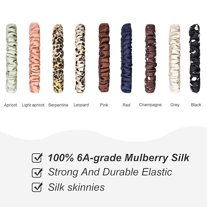 Chuangdi 9 Pieces 100% Mulberry Silk Scrunchies for Long Hair Silk Hair Ties Scrunchies for Women Girls Elastic Ponytail Holders with Gift Box(Vivid Style,Dark Colors)