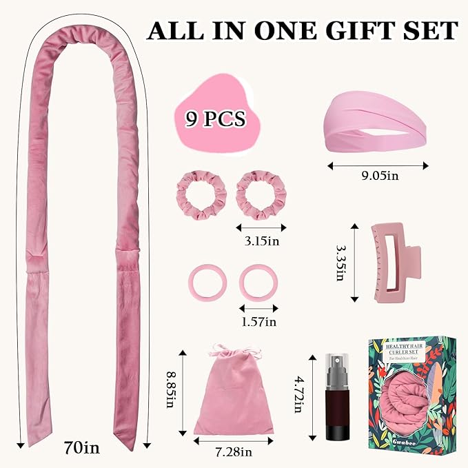 Gwabee Soft Overnight Curl Headband, 70" Hair Curlers Ribbon Wrap for Long Hair with 9 PCS Rods and Yoga Strap - Pink