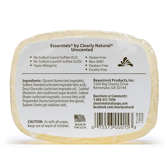 Clearly Natural Essentials Glycerin Bar Soap, Unscented, 4 Ounce, Pack of 12 (Packaging May Vary)