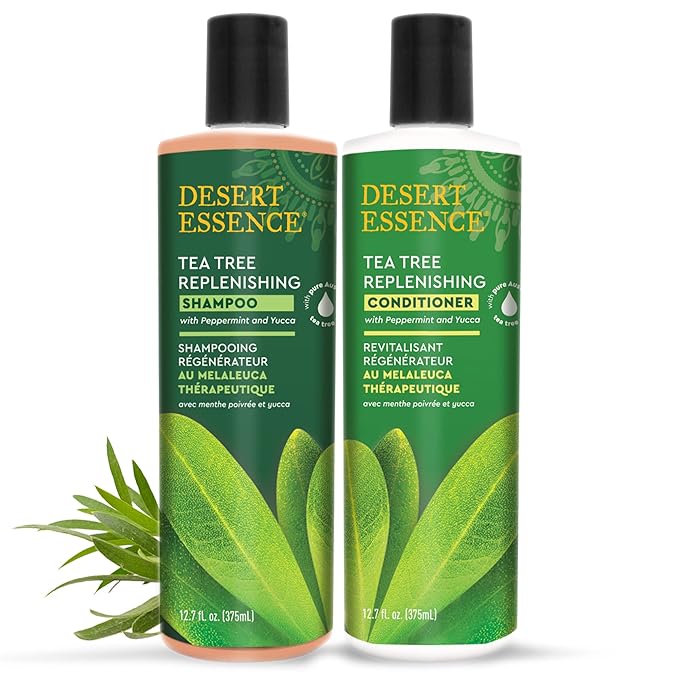 Desert Essence Tea Tree Replenishing Shampoo - 12.7 Fl Ounce - Pack of 2 - Therapeutic - Peppermint & Yucca - Restore & Nurture Hair - Reduce Flaking - All Skin Types