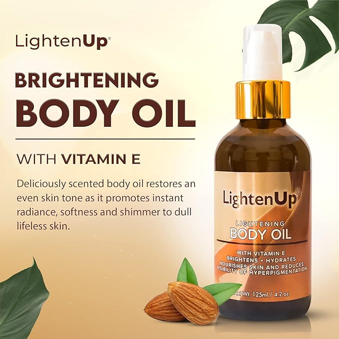 LightenUp, Skin Brightening Body Oil - 4.2 fl oz / 125 ml - Hyperpigmentation Body Seum, Dark Spot Remover, for Men and Women with Vitamin E, Shea Butter, Almond Oil