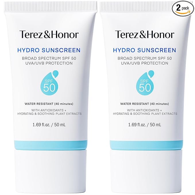 Terez & Honor Hydro Sunscreen for Face: Hydrating Broad Spectrum SPF 50 Sunscreen with UVA/UVB Protection - Moisturizing, Soothing, Water-Resistant, No-White Cast & Non-Greasy - Korean Sun Care 2-Pack