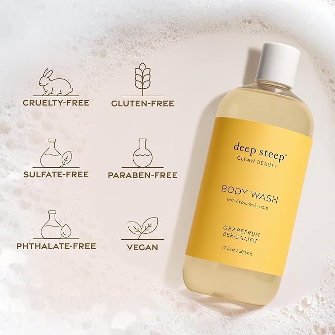 Deep Steep Grapefruit Bergamot Body Wash, Hydrating Shower Gel with Hyaluronic Acid & Shea Butter for Sensitive Skin, Bodywash for Women & Men, 17 Fl Oz, 1-Pack