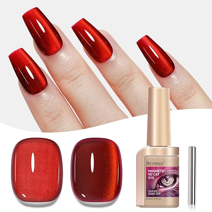 Cat Eye Gel Nail Polish, Red Glitter Magnetic Gel Polish UV Glitter Holographic, Cateye Gel Polish With Magnet Shimmer Manicure Salon DIY Home, 12ML