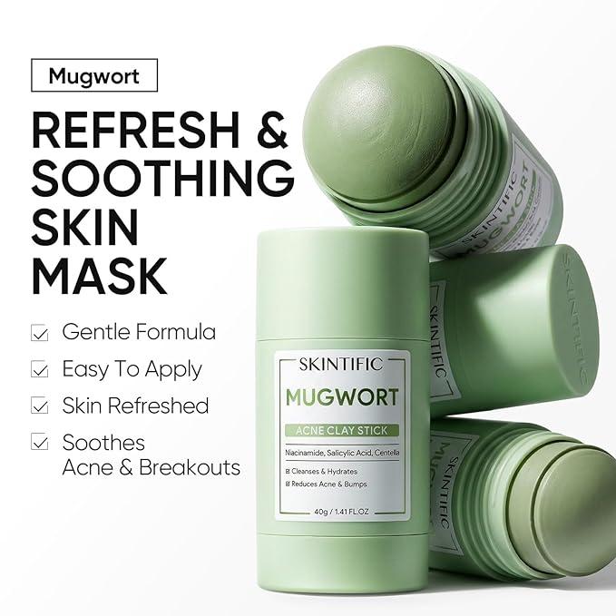 SKINTIFIC Mugwort Clay Stick Mask for Face, Redness Soothing & Breakout Control with Centella and Salicylic Acid, Gentle Exfoliating, Vegan Skincare, Wash-Off Facial Mud Mask