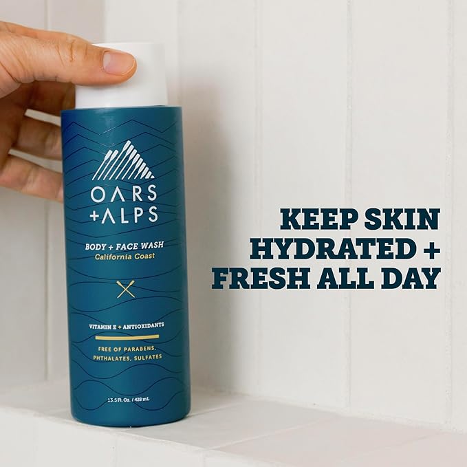 Oars + Alps Body Wash for Men, Mens Body Wash & Face Cleanser with Vitamin E & Antioxidants, Moisturizing, Paraben & Sulfate Free Cleanser, California Coast, 2pk