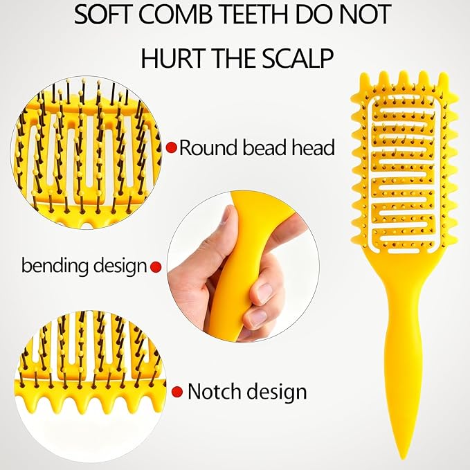 Curl Defining Brush for Curly Hair, Vented Detangling Hair Brush for Wet and Dry Styling, Curved Brush for Shaping and Smoothing Curl Clumps, Lightweight Hair Brush （Yellow）