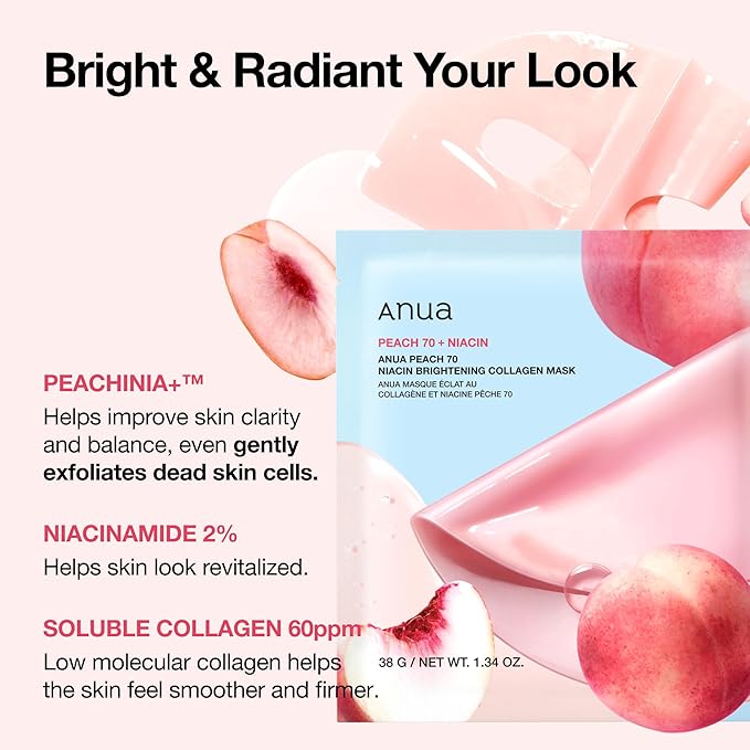 ANUA Peach 70 Niacin Brightening Collagen Mask, Overnight Face Mask for Glass Skin, Niacinamide, Elasticity, Even Skin Tone, Natural Color, Korean Skincare, 1.34 fl.oz/4ea