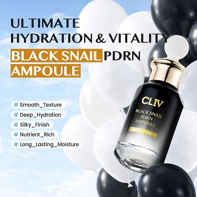 CLIV Black Snail PDRN Ampoule - 65% Snail Secretion Filtrate & Sodium DNA Facial Serum - Hydrating Collagen for Elasticity & Moisture - Korean Skincare for Dry & Sensitive Skin, 1.01 fl oz (30ml)