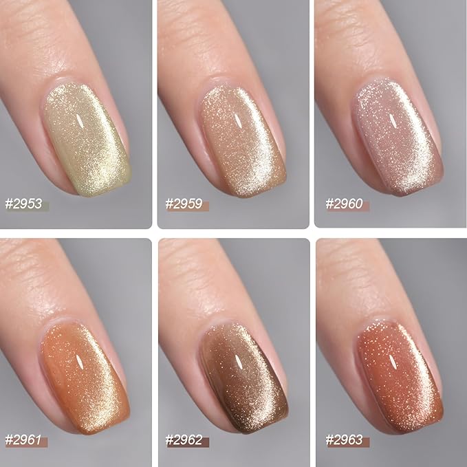 GAOY Glitter Cat Eye Gel Nail Polish Set with Magnet, Sliver, Brown, Pink, Coral Holographic Cat Eye, Salon Gel Manicure and Nail Art DIY at Home, Sunshine