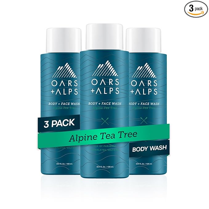 Oars + Alps Body Wash for Men, Mens Body Wash & Face Cleanser with Vitamin E & Antioxidants, Moisturizing, Paraben & Sulfate Free Cleanser, Alpine Tea Tree, 3pk