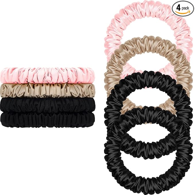 Scrunchies Hair Ties Silk Satin Scrunchy, WantGor Women 4PC Pure Mulberry Silk Skinny Elastic Scrunchies Hair Bands Bracelets Ponytail Holders Hair Accessories (Champagne,Pink,Black*2)