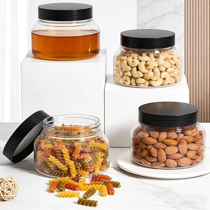 16 Pack 8 Oz Plastic Jars with Black Lids, BPA Free Empty Body Scrub Containers, Round Clear Samples Jars for Sugar Scrub, Lotion, Body Butter, Cream