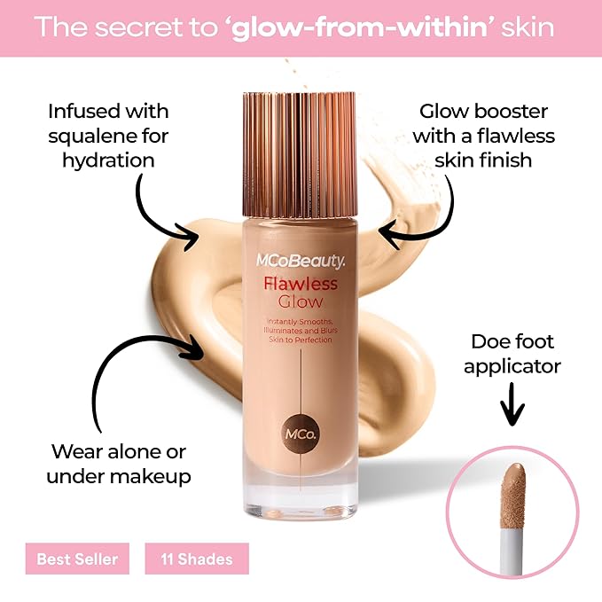 MCoBeauty Flawless Glow Luminous Skin Filter - 3 Light - 4-in-1 Primer, Highlighter & Foundation Booster - Dewy Illuminating Tint Face Makeup with Squalane Vitamin E - Vegan & Cruelty Free