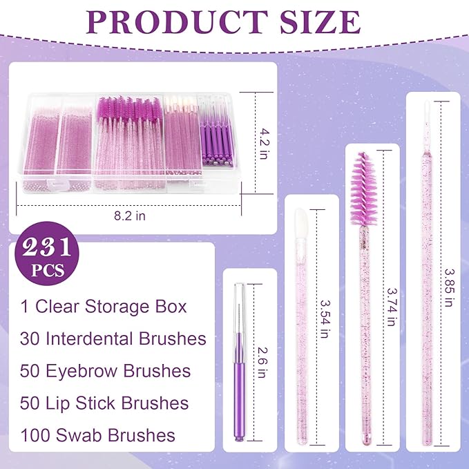 230 Pcs Brow Lamination Supplies with Plastic Box Crystal Purple Micro Eyebrow Brush Spoolies Disposable Lip Applicators Eyelash Brush Mascara Wands Micro Swabs Brow Lamination Kit for DIY Eyelash