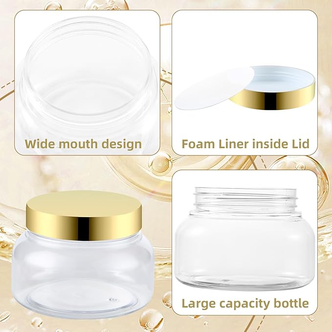 24 Pack 8 Oz Plastic Containers With Lids and Waterproof Label BPA Free - Refillable Transparent Cosmetic Containers for Body Butter,Sugar Scrubs,Cream,Lotions,Candy,Bath Salt (Gold, 8 oz)