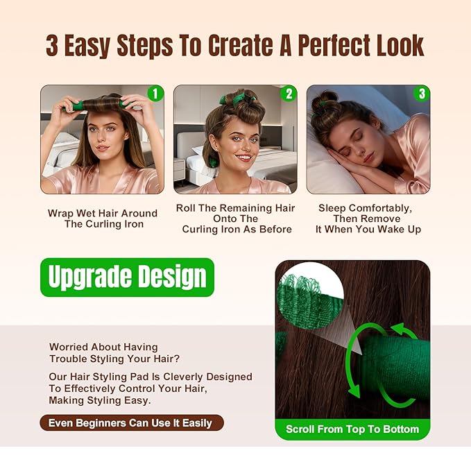 Overnight Heatless Hair Curler, Upgraded with Hair Pad Grippers Satin Jumbo Flexi Blowout Curls Rods, 3pcs No-Heat Styling Tools Curling Rod to Sleep in for All Hair Types - Green