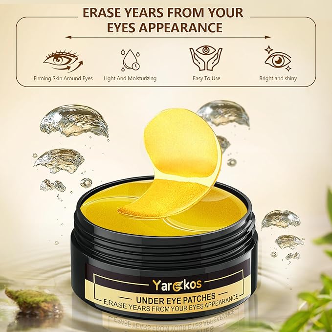 60 Pcs 24K Gold Under Eye Patches, 30 Pairs Undereye Mask for Dark Circles Puffy Eyes Treatment, Collagen Gel Pads Hydrating for Eye Bags Puffiness Wrinkle, Women Men Beauty Skin Care Products