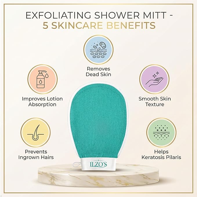 ILZO’S Original Exfoliating Mitt for Body (2 Pack) – Deep Exfoliating Glove for Dead Skin Removal, Korean Viscose Body Scrub Mitt for Smooth Skin, Helps Ingrown Hair & Keratosis Pilaris (GREEN)