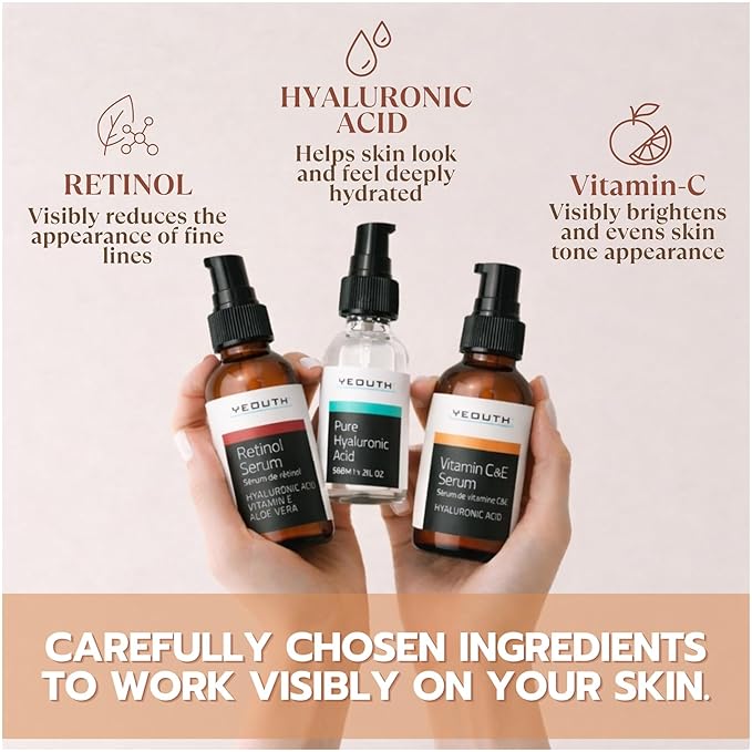 YEOUTH Skin Care Set: Retinol Serum for Face, Vitamin C and Hyaluronic Acid Face Serum, Facial Skincare Serums that Targets Appearance of Uneven Skin and Dryness 3x1 oz