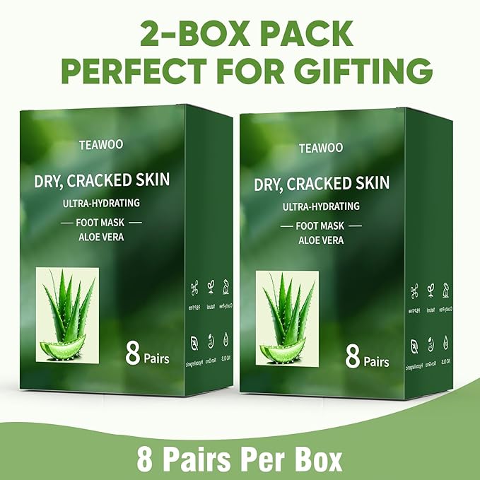 TEAWOO 16 Pairs Moisturizing Foot Masks with Aloe Vera Extract & Jojoba Oil, Intensely Hydrating Foot Mask for Dry Cracked Feet, Moisturizing Socks for Cracked Heel Treatment