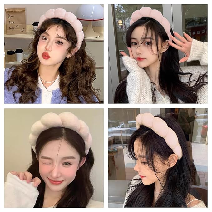 AOENJIE Spa Headbands for Washing Face or Makeup, Sponge Bubble Skincare Headbands, Puffy Terry Cloth Hairband for Women, Skin Care Makeup Headwear Hair Accessories for Girls (Beige)