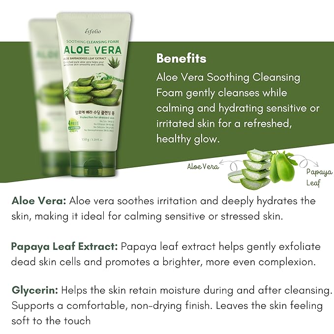 esfolio Aloe Vera Soothing Cleansing Foam – Gentle Hydrating Face Wash for Sensitive Skin, Moisturizing Facial Cleanser (5.29oz -150g)