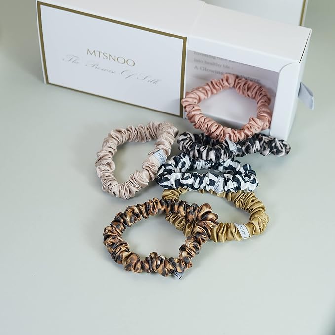 MTSNOO Pure 22 Momme Mulberry Silk Scrunchies Set for Sleep - 6 Pack Elastic Hair Ties for Curly Hair, Women, and Girls