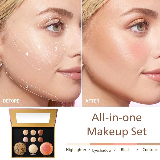 K'APEINE All in One Baked Makeup Palette, Eyeshadow, Blush Highlighter & Bronzer Face Kit Neutral Tones Baked Powder with Matte Shimmer Finish Hign Pigment Full Face Makeup Gift Set for Women-01#