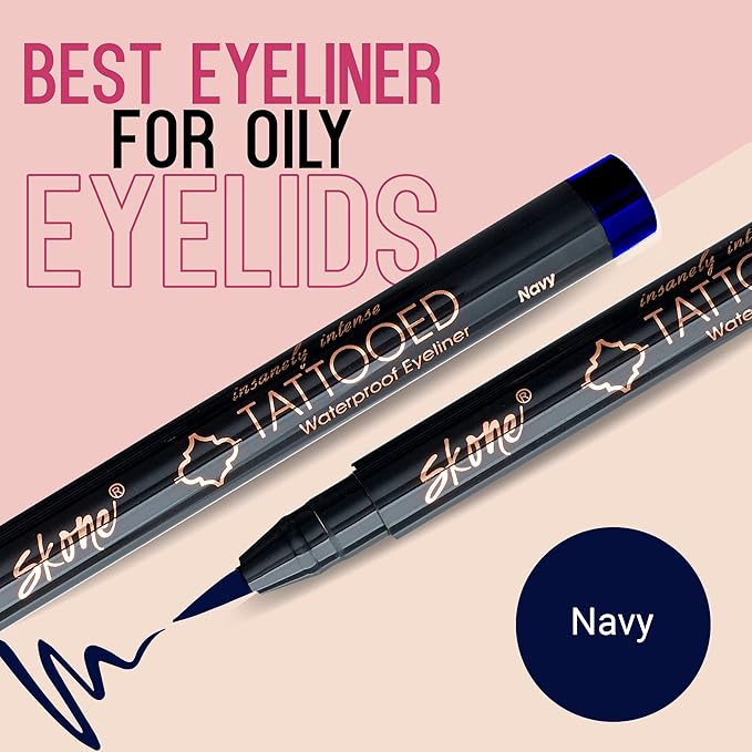 Skone Cosmetics Insanely Intense Tattooed Eyeliner Pen - Waterproof Liquid Eyeliner, Long Lasting, Sweat Proof, Smudge Proof Felt Tip Liquid Eyeliner - Pigmented Eye Liner Makeup - Navy (0.07oz)