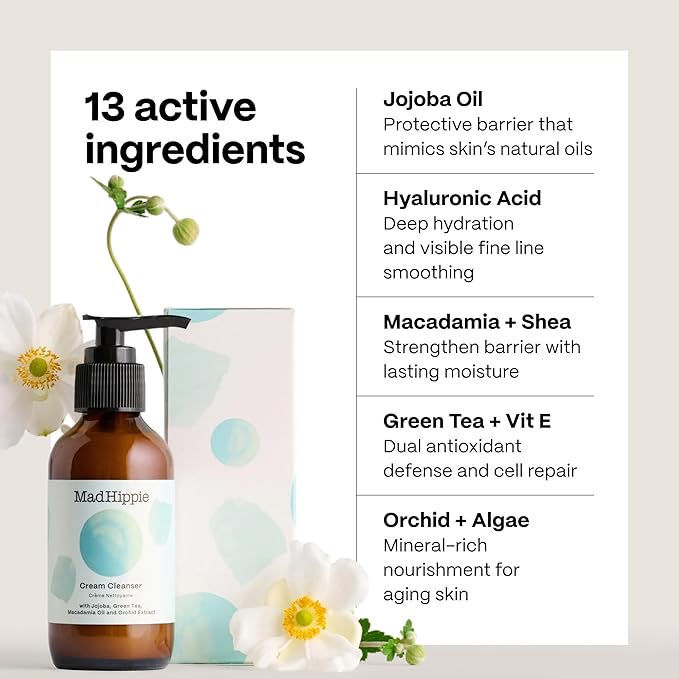 Mad Hippie Cream Cleanser – Gentle Formula with Hyaluronic Acid, Jojoba Oil & Green Tea, Skin Barrier Protection, 4 Oz Ea