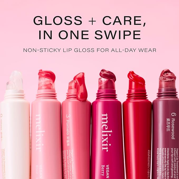 Melixir Vegan Lip Treatment, Sheer Tinted Lip Balm for Instant Hydration & Shine, Moisturizing Lip Gloss, Infused with Vegan Collagen & Jojoba Oil, Cruelty-Free, Korean Skincare-5 Camellia(0.5oz/15g)