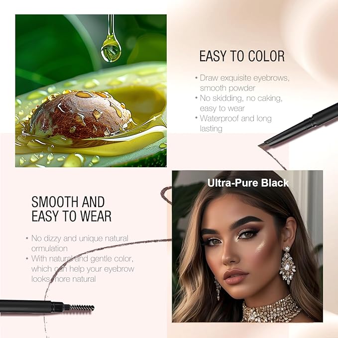 Eyebrow Pencil, Retractable Definer with Dual Brush, Ultra-Fine Tip for Precise Brow Makeup, Waterproof Gel Formula, Natural Hair-Like Strokes, Enhance Beauty (Pure Black, Ultra)