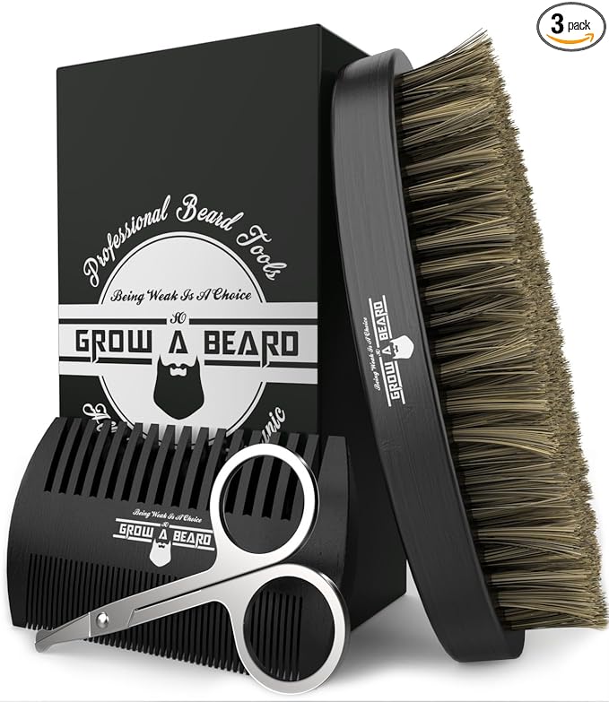Beard Brush for Men with Beard & Mustache Comb Set, Beard Grooming & Care Kit, Natural Boar Bristle Brush, Dual Action Wood Comb, Stainless Steel Scissors, and Travel Bag, Great Fathers Day