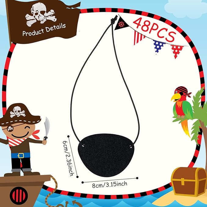 Chivao 48 Pieces Pirate Eye Patches for Kids Black Felt Pirate Captain Patches Bulk for Adults Single One Eye Role Playing Theme Party Cosplay Props Accessories