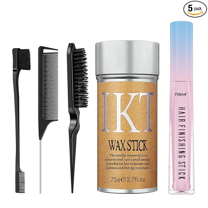 5 Packs Set Hair Wax Stick，Hair Finishing Stick and Edge Brush Rat Tail Comb Bristle Hair Brush，Slick Stick for Hair Non-greasy Styling Hair Pomade Stick，Hair Bun Hair Accessories for Women Grils