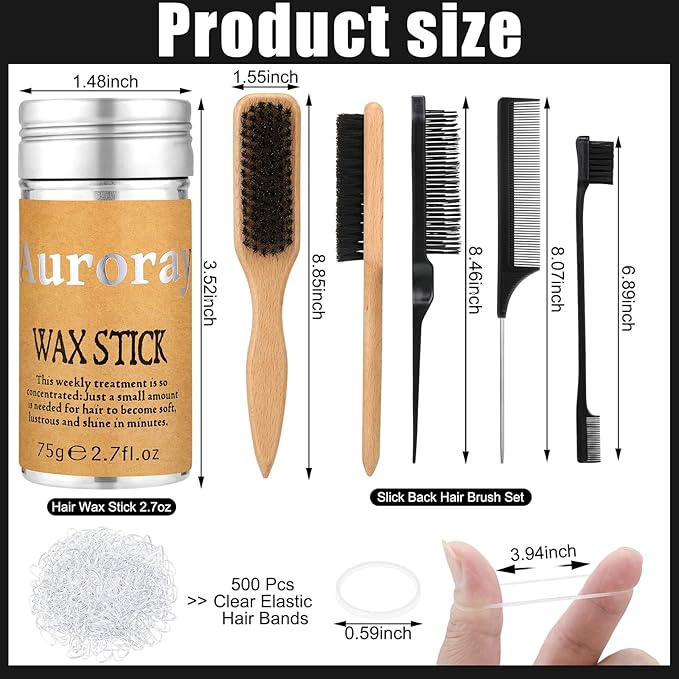Boar Bristle Slick Back Hair Brush Comb with Wide Boar Bristle Brush,Hair Wax Stick,500PCS Elastic Rubber Bands for Women and Men Sectioning,Parting