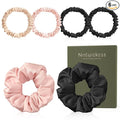 6PCS 100% Mulberry Silk Scrunchies Set, 2 Large and 4 Thin Silk Hair Ties for Women, No Damage Hair Accessories, Black Pink Champagne