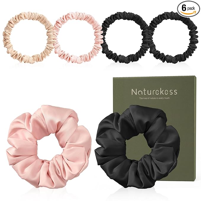 6PCS 100% Mulberry Silk Scrunchies Set, 2 Large and 4 Thin Silk Hair Ties for Women, No Damage Hair Accessories, Black Pink Champagne
