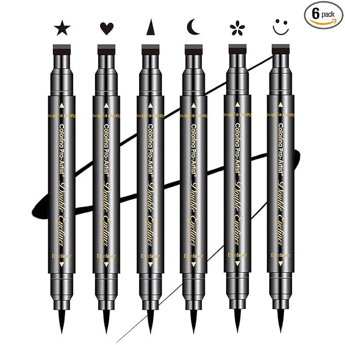 6 Pcs Double-headed Eyeliner Stamps Set Black Liquid Eye Liner Pen With Star,Moon,Heart,Flower,Smiley,Triangle Stamp Stencils Shapes for Women Makeup Kit Long-Lasting Waterproof Smudgeproof